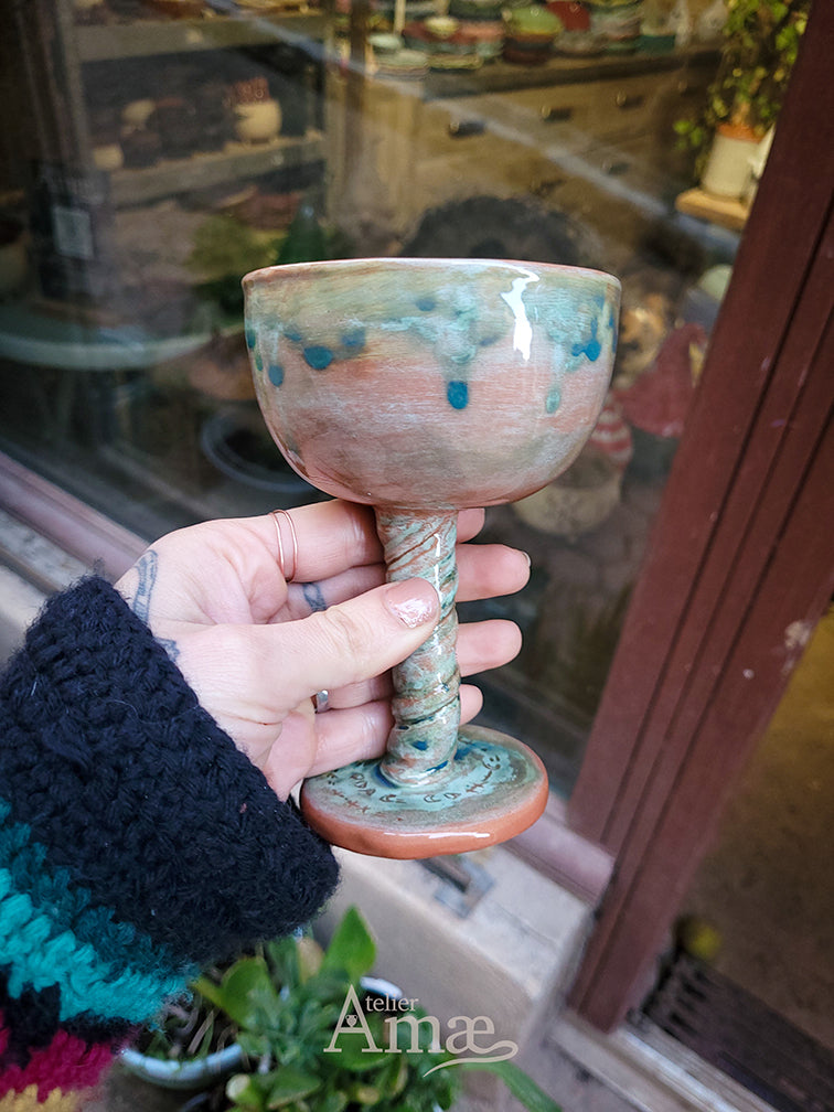 Ceramic chalice with engraved incantation