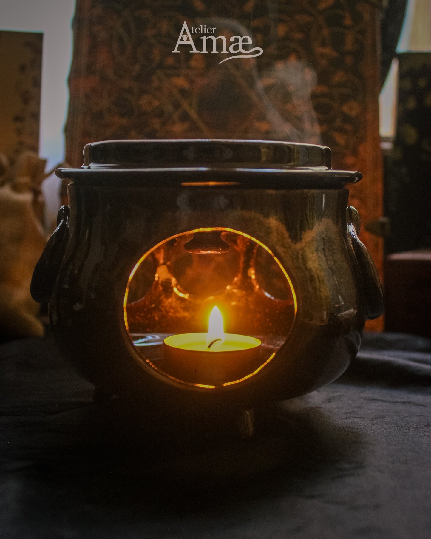 Chaudron brûle-parfum triple lune en céramique - brûleur fondant - fait main et authentique